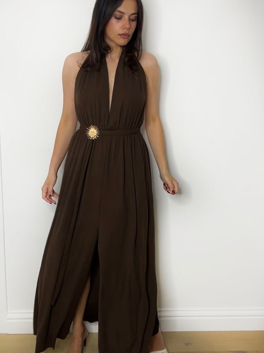 SOLEIL HALTER MAXI DRESS CHOC