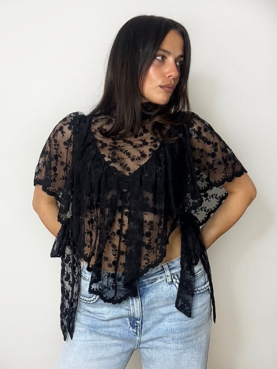 LACE TIE TOP BLACK