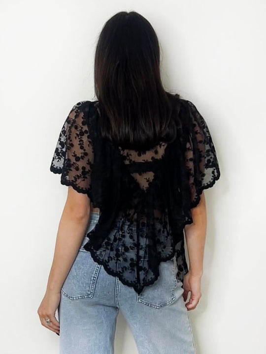 LACE TIE TOP BLACK