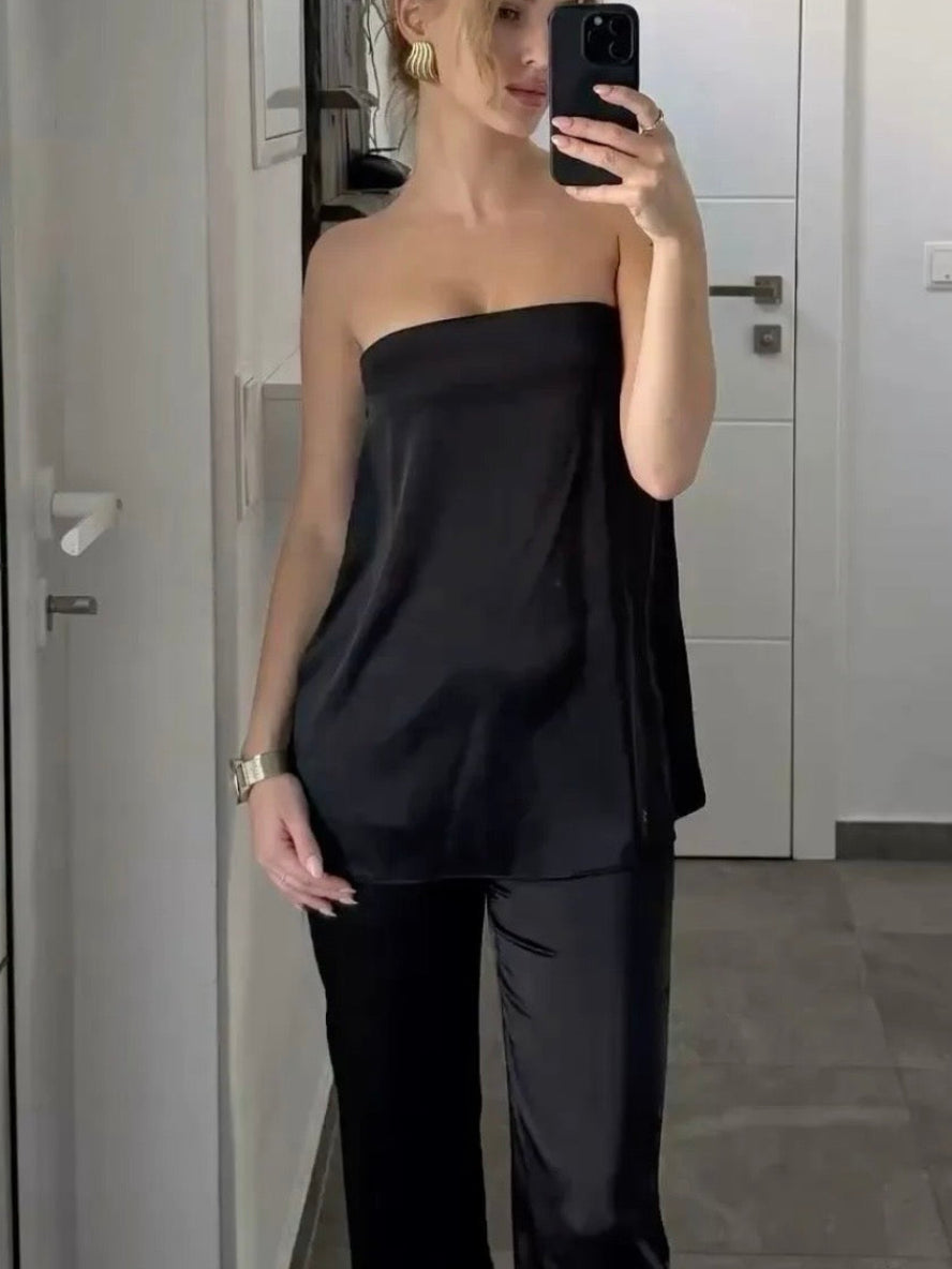 BLACK SATIN BANDEAU TOP