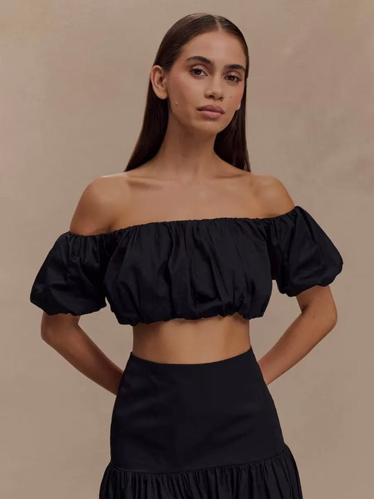 ELOISE POPLIN BARDOT TOP BLACK